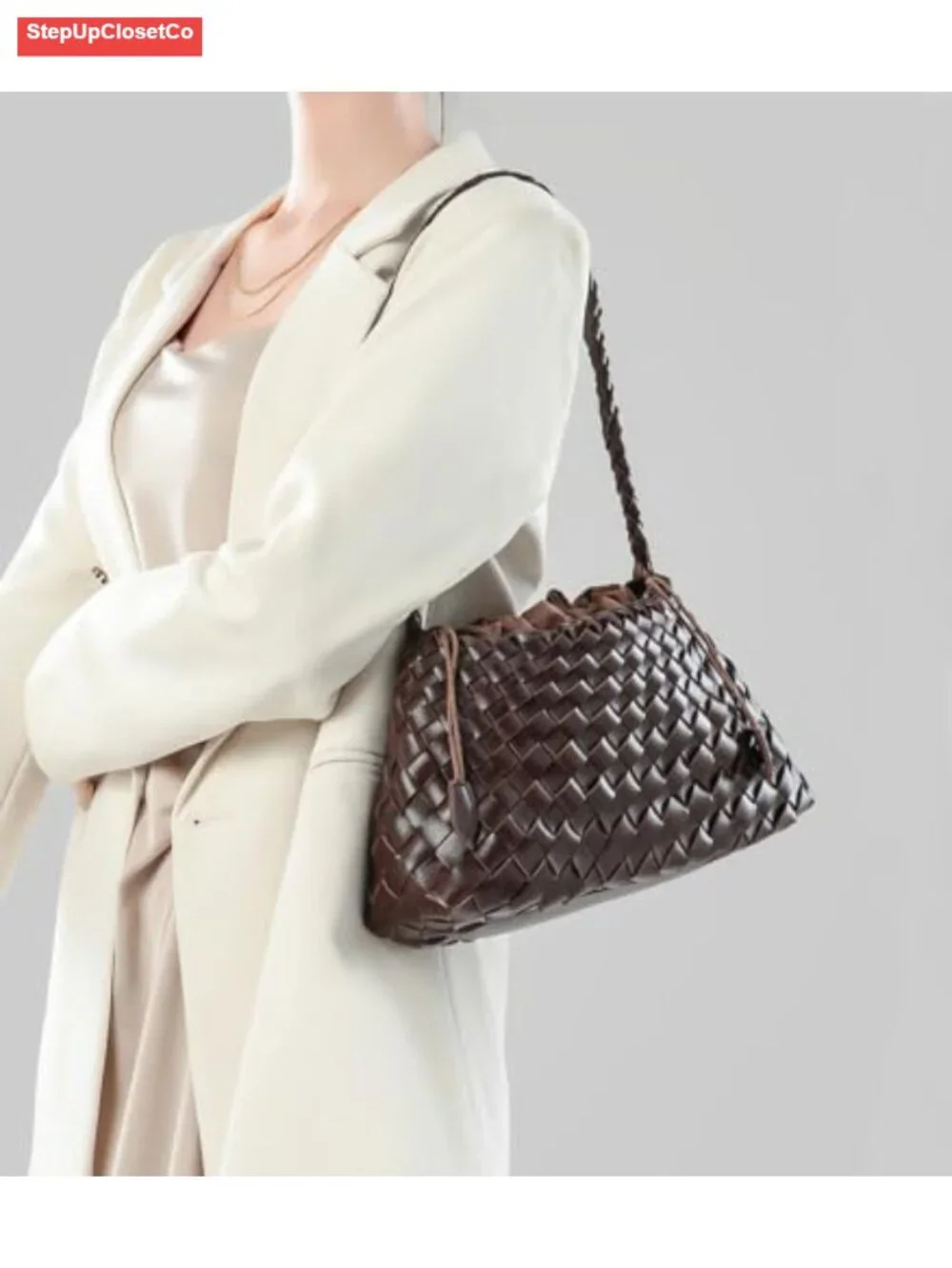 Woven Hobo Bag Women Vegan Leather Shoulder Purse Slouchy Tote Drawstring